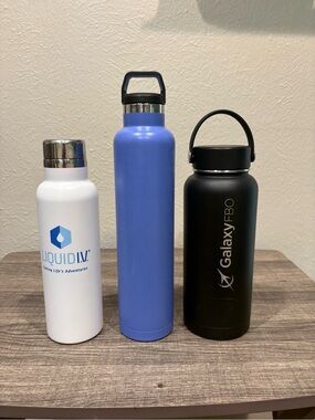 Three Insulated Water Bottles - White, RTIC Periwinkle, RTIC Black